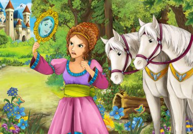 Çizgi film sahne orman ahşap kulübe arkadaki - illüstrasyon çocuklar için ayakta atlar ayna - seyir içinde güzel bir kızla