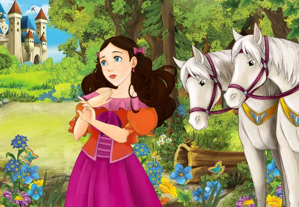 Kreslený Scény Nějakou Krásnou Dívku Lese Dřevěná Bouda Bílých Koní — Stock fotografie