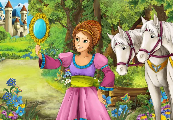 Çizgi film sahne orman ahşap kulübe arkadaki - illüstrasyon çocuklar için ayakta atlar ayna - seyir içinde güzel bir kızla