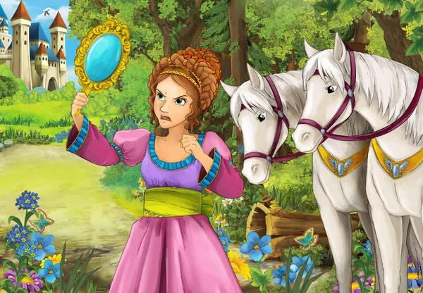 Çizgi film sahne orman ahşap kulübe arkadaki - illüstrasyon çocuklar için ayakta atlar ayna - seyir içinde güzel bir kızla