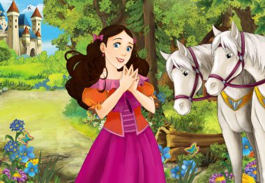 Çizgi film sahne orman - ahşap kulübe - beyaz at arka - illüstrasyon çocuklar için güzel bir kızla