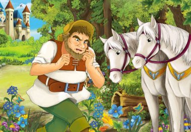 Orman ve ona - illüstrasyon çocuklar için yakın duran iki güzel beyaz at gizli ahşap kulübe yakın çalışan bir çiftçi ile çizgi film sahne