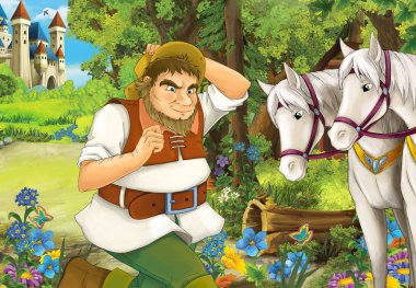 Orman ve ona - illüstrasyon çocuklar için yakın duran iki güzel beyaz at gizli ahşap kulübe yakın çalışan bir çiftçi ile çizgi film sahne