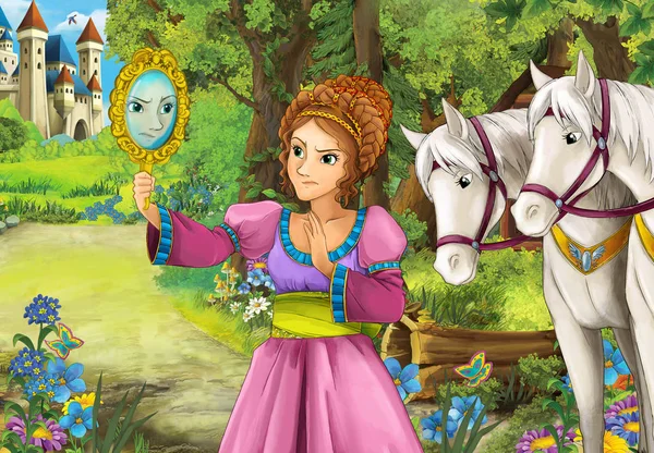 ミラー 子供のための図に立って馬を見て森木製小屋のいくつかの美しい少女漫画シーン — ストック写真