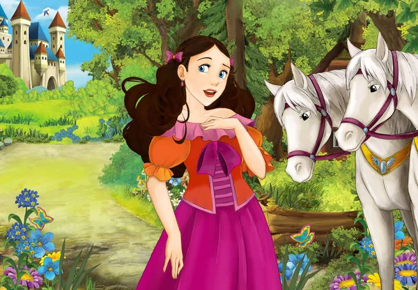 Çizgi film sahne orman - ahşap kulübe - beyaz at arka - illüstrasyon çocuklar için güzel bir kızla 