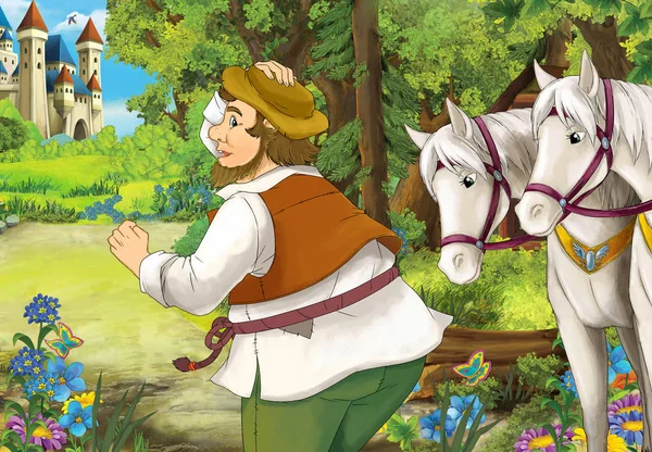 Cartoon scene with some farmer running near wooden hut hidden in forest and two beautiful white horses standing near him - illustration for children