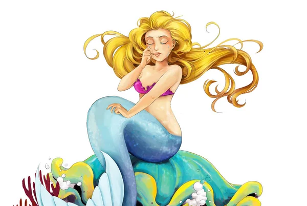 Cartoon Mermaid Sitting Shell Illustration Children — Stock Photo, Image