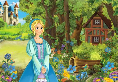 Çizgi film sahne orman ahşap kulübe - illüstrasyon çocuklar için güzel bir kızla