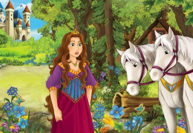 Çizgi film sahne orman - ahşap kulübe - beyaz at arka - illüstrasyon çocuklar için güzel bir kızla