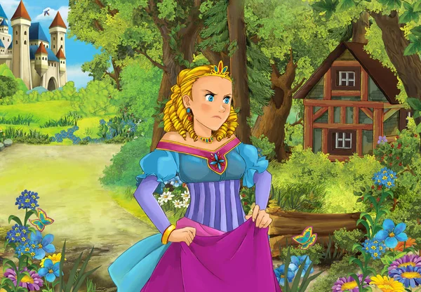 Çizgi film sahne orman ahşap kulübe - illüstrasyon çocuklar için güzel bir kızla