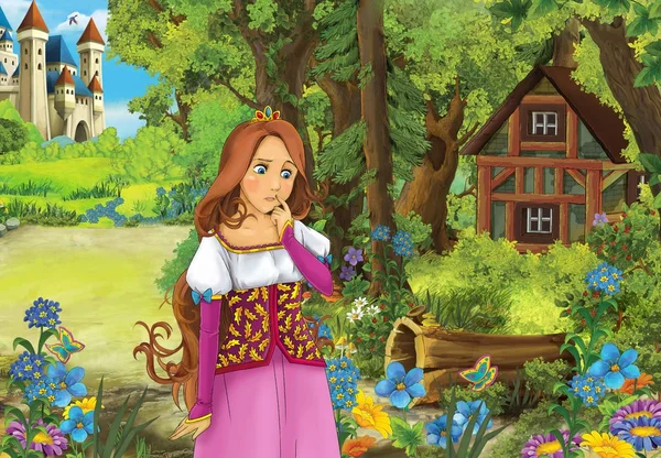 Zeichentrickszene Mit Einem Schönen Mädchen Einer Holzhütte Wald Illustration Für — Stockfoto
