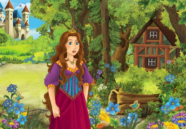 Γελοιογραφία Σκηνή Κάποιο Όμορφο Κορίτσι Στο Δάσος Ξύλινη Καλύβα Εικονογράφησης — Φωτογραφία Αρχείου
