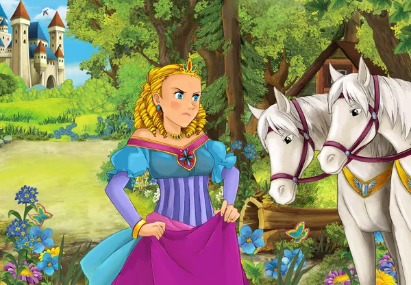Çizgi film sahne orman - ahşap kulübe - beyaz at arka - illüstrasyon çocuklar için güzel bir kızla 