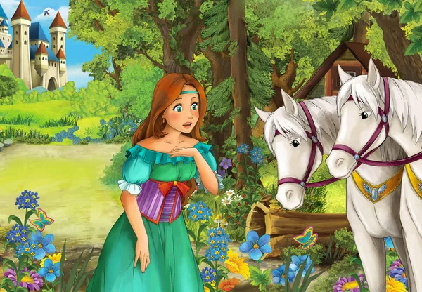 Çizgi film sahne orman - ahşap kulübe - beyaz at arka - illüstrasyon çocuklar için güzel bir kızla 