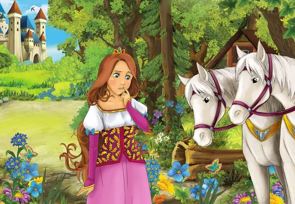 Çizgi film sahne orman - ahşap kulübe - beyaz at arka - illüstrasyon çocuklar için güzel bir kızla