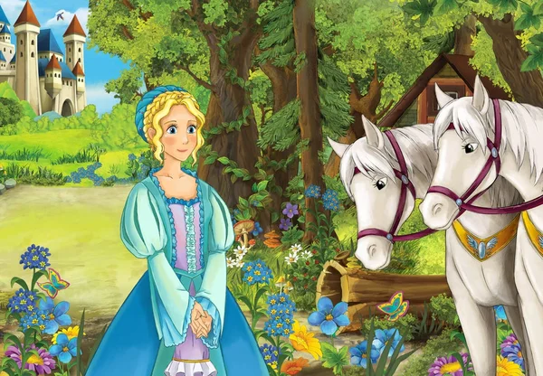 卡通场面与一些美丽的女孩在森林 木小屋 白色马在后面 例证为孩子 — 图库照片