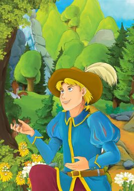 Yakışıklı bir prense ormandaki - illüstrasyon çocuklar için çizgi film sahne