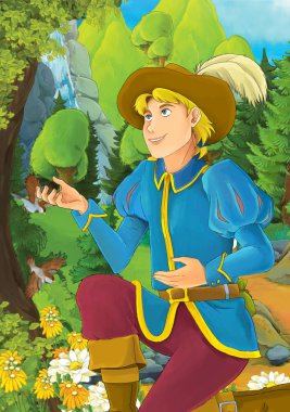 Yakışıklı bir prense ormandaki - illüstrasyon çocuklar için çizgi film sahne