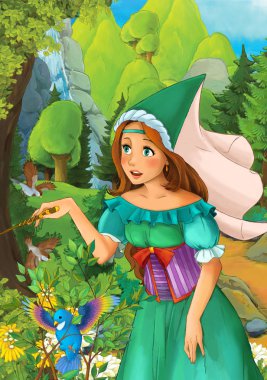 Çizgi film sahne ormandaki - illüstrasyon çocuklar için güzel bir kızla