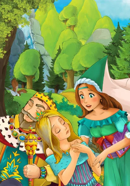 Bazı güzel kız ve babası ve orman - illüstrasyon çocuklar için çizgi film sahne 