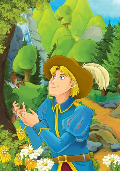 Cartoon scene with some handsome prince in forest - illustration for children