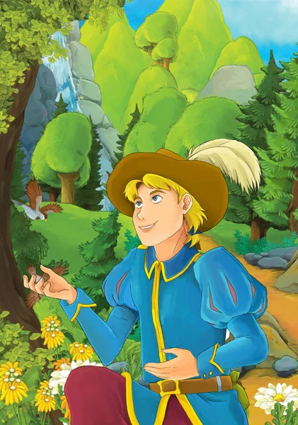 Yakışıklı bir prense ormandaki - illüstrasyon çocuklar için çizgi film sahne