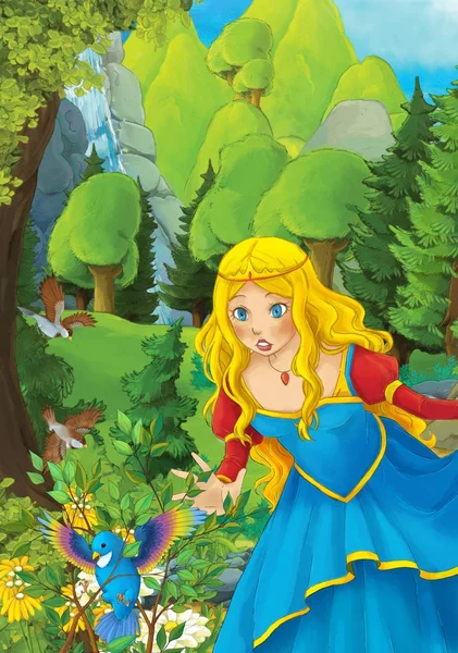 Γελοιογραφία Σκηνή Κάποιο Όμορφο Κορίτσι Στο Δάσος Εικονογράφησης Για Παιδιά — Φωτογραφία Αρχείου