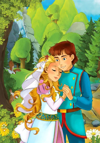 Kreslený Scény Nějakou Krásnou Manželský Pár Lese Ilustrace Pro Děti — Stock fotografie