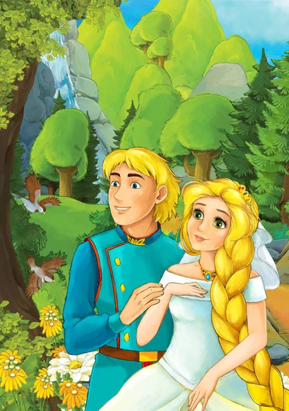 Escena Dibujos Animados Con Una Hermosa Pareja Casada Bosque Ilustración — Foto de Stock