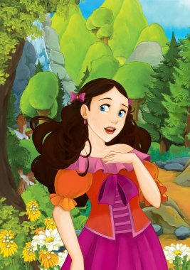 Çizgi film sahne ormandaki - illüstrasyon çocuklar için güzel bir kızla