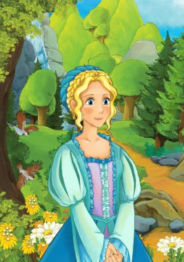 Çizgi film sahne ormandaki - illüstrasyon çocuklar için güzel bir kızla