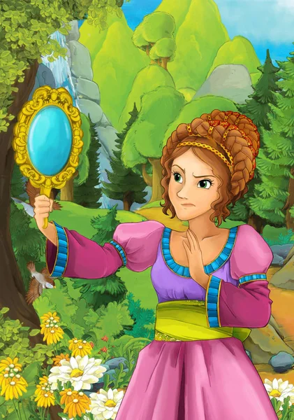 Çizgi film sahne aynaya - illüstrasyon çocuklar için seyir ormandaki güzel bir kızla
