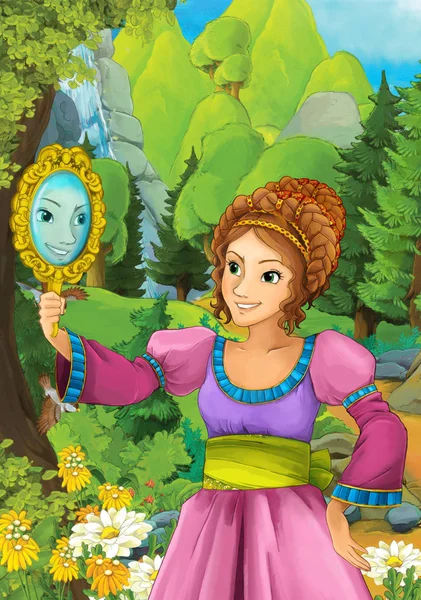 Çizgi film sahne aynaya - illüstrasyon çocuklar için seyir ormandaki güzel bir kızla