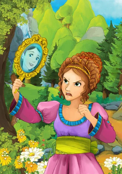Escena Dibujos Animados Con Una Hermosa Chica Bosque Mirando Espejo — Foto de Stock