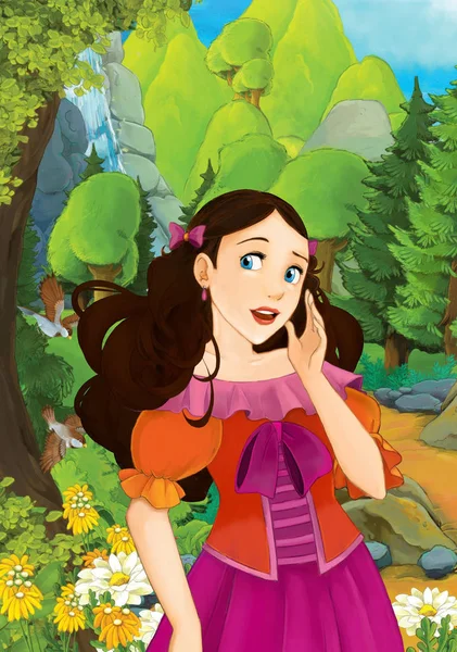 Çizgi film sahne ormandaki - illüstrasyon çocuklar için güzel bir kızla