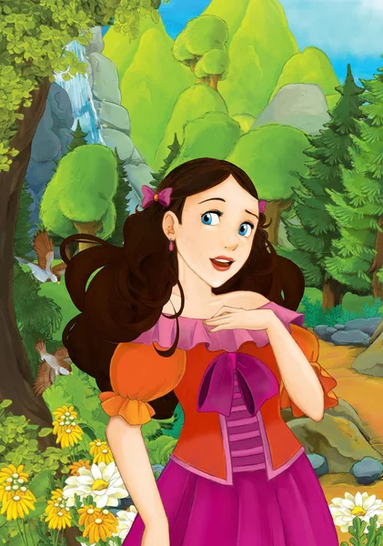 Cartoon Scen Med Några Vackra Flicka Skogen Illustration För Barn — Stockfoto