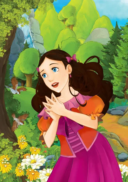 Cartoon Scene Some Beautiful Girl Forest Illustration Children — Stock Photo, Image