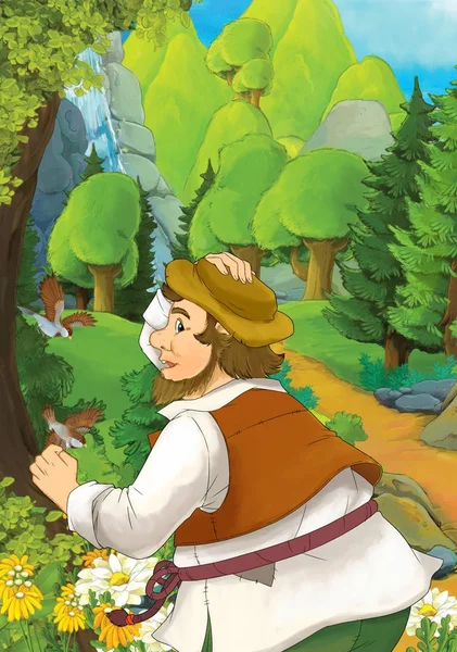 Γελοιογραφία Σκηνή Κάποιο Αγρότη Που Τρέχει Στο Δάσος Εικονογράφησης Για — Φωτογραφία Αρχείου