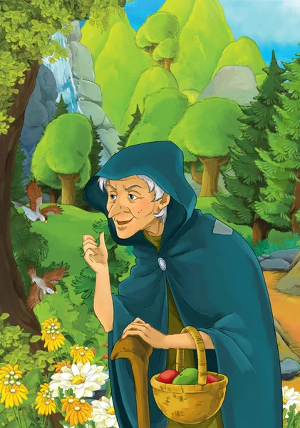 Cartoon scene with some older woman in forest looking at trapped birds - illustration for children