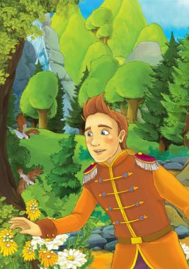 Yakışıklı bir prense ormandaki - illüstrasyon çocuklar için çizgi film sahne