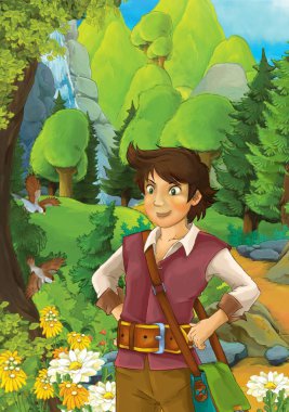 Yakışıklı bir prense ormandaki - illüstrasyon çocuklar için çizgi film sahne