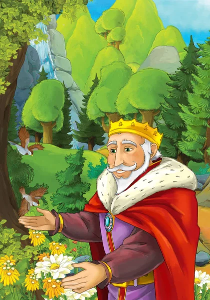 Cartoon scene with some handsome king in forest - illustration for children