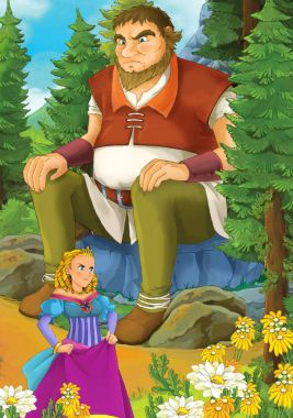 Çizgi film sahne orman ve dev kaya - illüstrasyon çocuklar için oturup güzel bir kızla