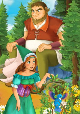 Çizgi film sahne orman ve dev kaya - illüstrasyon çocuklar için oturup güzel bir kızla