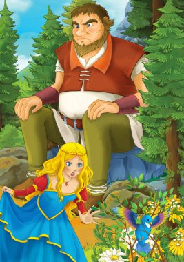 Çizgi film sahne orman ve dev kaya - illüstrasyon çocuklar için oturup güzel bir kızla