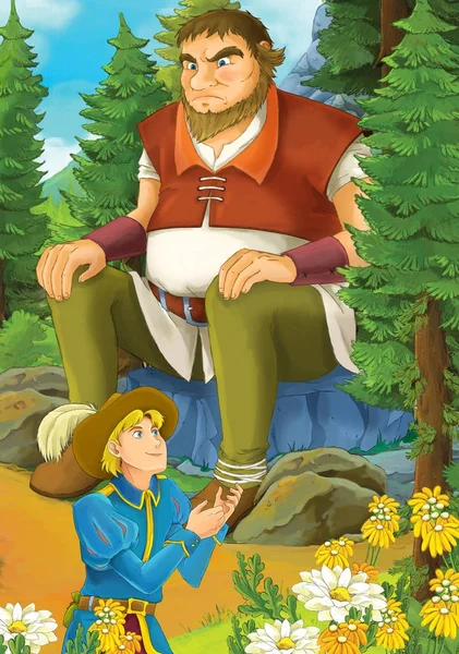 Çizgi film sahne bazı yakışıklı prens ve orman - çocuklar için illüstrasyon kayaya oturan dev