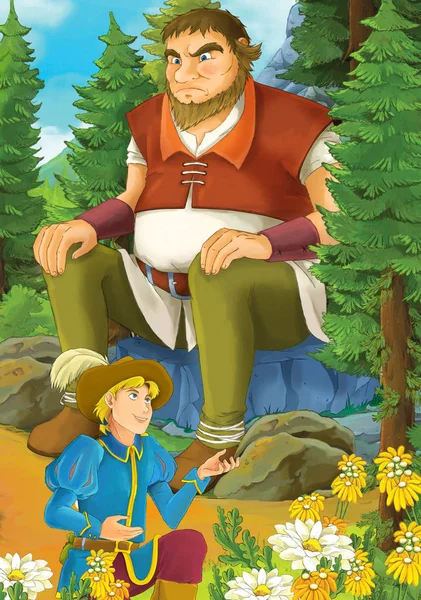 Cartoon scene with some handsome prince and giant sitting on the rock in forest - illustration for children