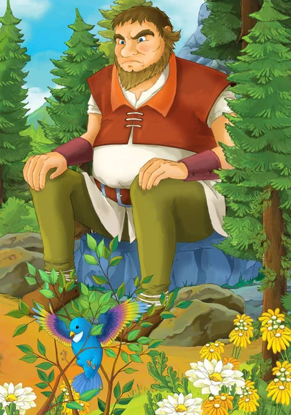 Zeichentrickszene Mit Gefangenem Vogel Und Riesen Auf Dem Felsen Illustration — Stockfoto