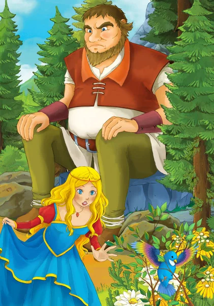Çizgi film sahne orman ve dev kaya - illüstrasyon çocuklar için oturup güzel bir kızla