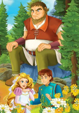 Orman ve dev kaya - çocuklar için illüstrasyon oturan bazı güzel evli çift ile çizgi film sahne